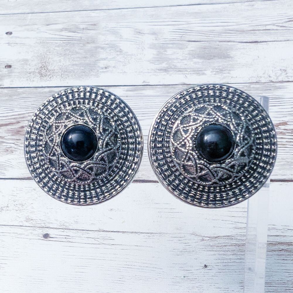 Vintage Clip On Earrings Statement Large Ornate Silver Tone with Black Center